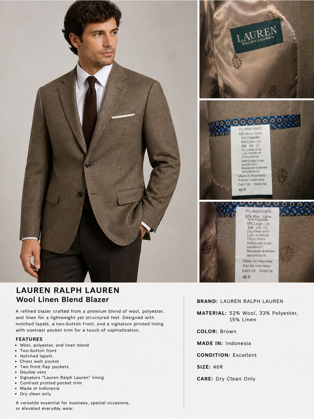 Lauren Ralph Lauren Brown Wool-Linen Blend Sport Coat